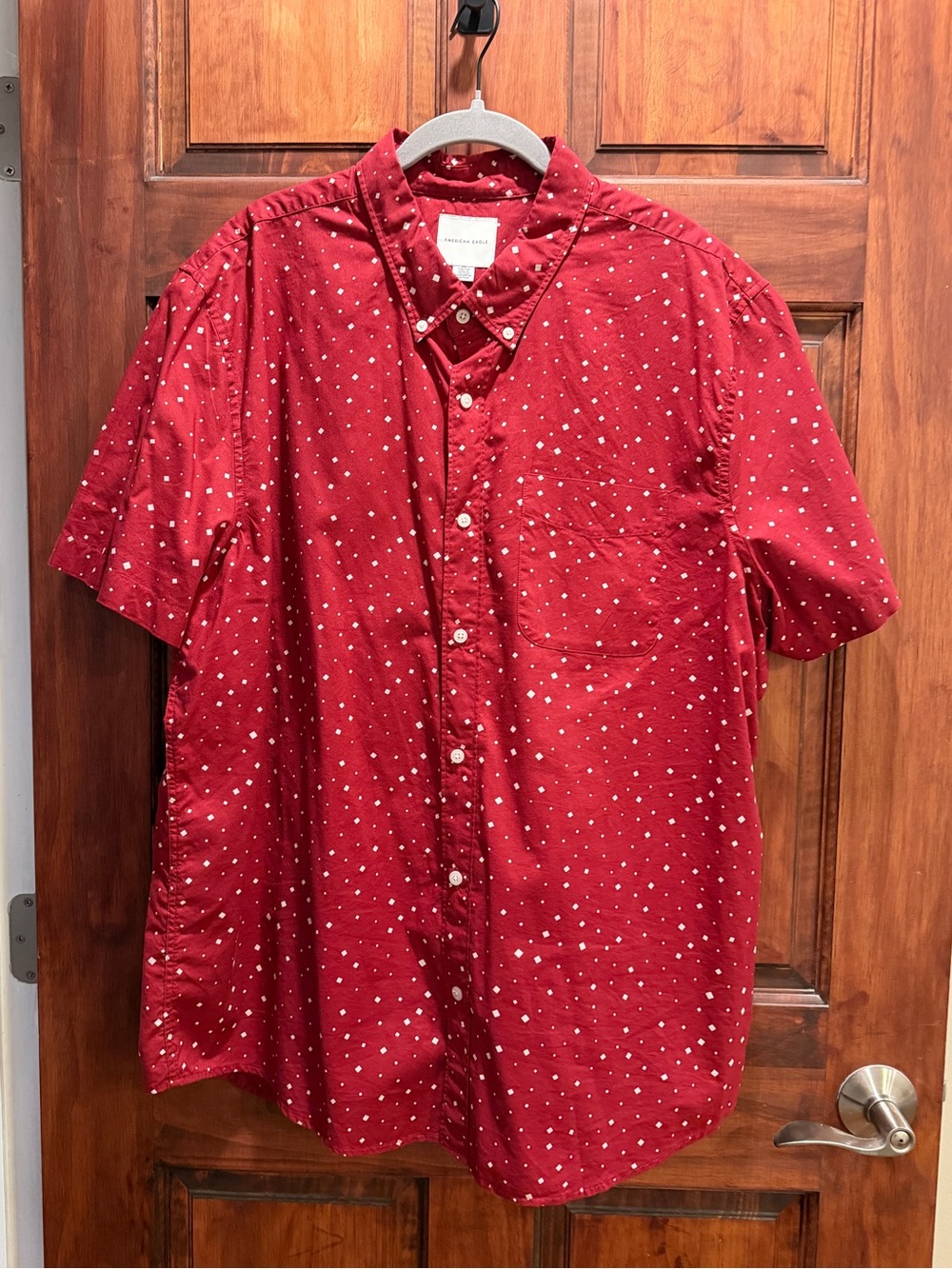 American Eagle Outfitters Red Short-Sleeve Button-Down with White Dot Print